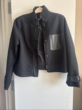 Marled Black Jacket with Faux Leather Trim & Pocket